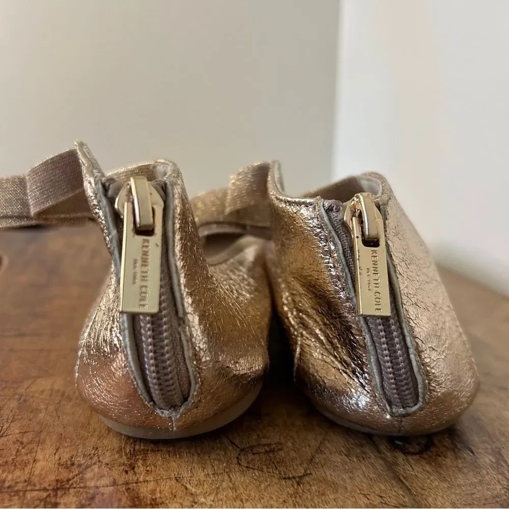 Kenneth Cole Rose Gold Metallic Ankle Strap Flats Shoes Bow Detail Girls 4.5